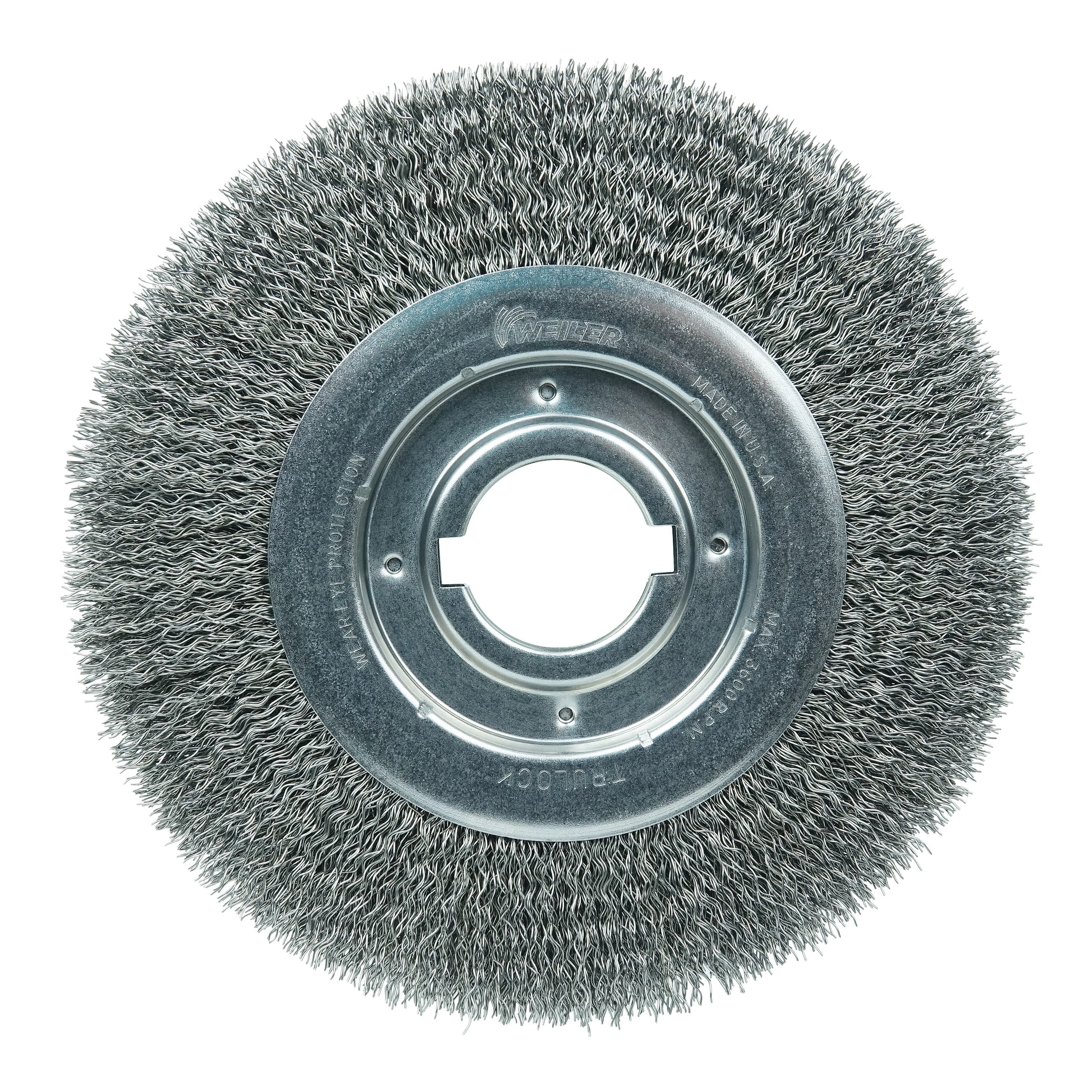 Weiler® 06170 Medium Face Wheel Brush, 10 in Dia Brush, 1-1/8 in W Face, 0.02 in Dia Crimped Filament/Wire, 2 in Arbor Hole